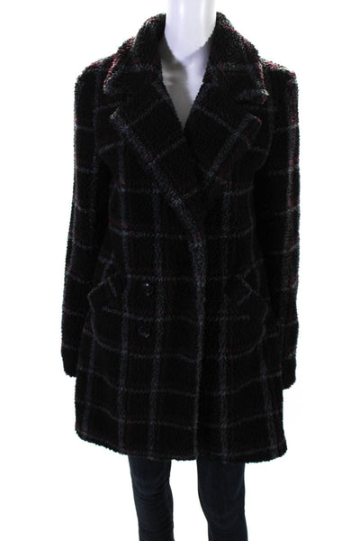 Paige Womens Woven Plaid Collared Double Breasted Trench Coat Black Size XS