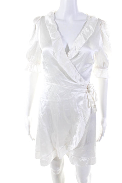 Hill House Womens Silk Belted Wrapped V-Neck Short Sleeve Dress White Size S