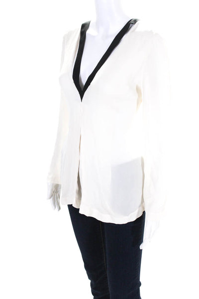 ALC Womens Deep V Neck Long Sleeve Top Blouse Ivory Black Silk Size Medium