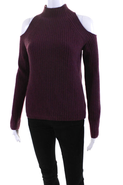 360 Cashmere Womens Ribbed Cold Shoulder Turtleneck Sweater Purple Size Medium