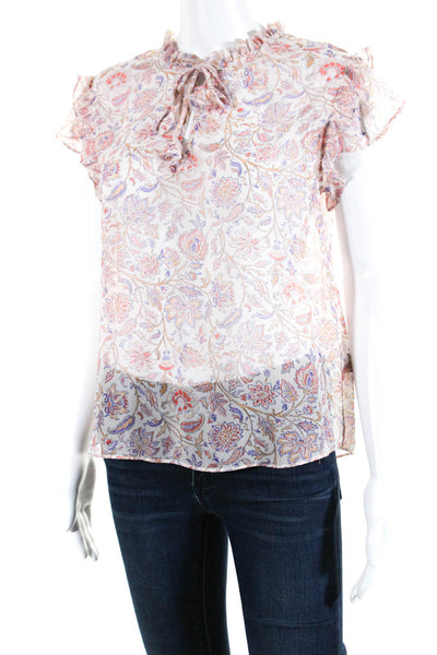 Misa Womens Sheer Floral Print V-Neck Ruffled Cap Sleeve Blouse Pink Size XS