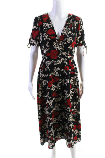 Madewell Womens Short Sleeve Floral Faux Wrap Midi Dress Navy Red Size 2
