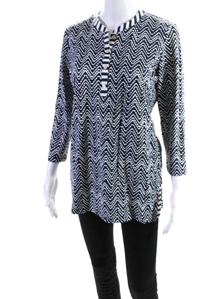 J. Mclaughlin Womens Chevron 3/4 Sleeve Tunic Top Blouse Navy White Size Small