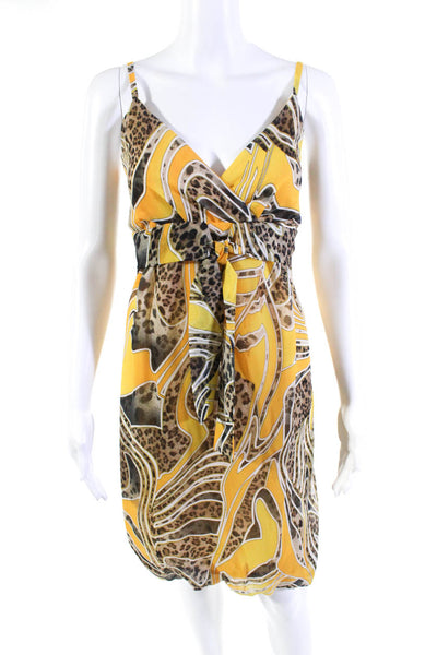 Joseph Ribkoff Womens Chiffon Printed V-Neck Bubble Hem Dress Yellow Size M