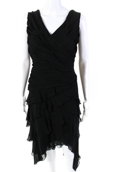 Tadashi Womens Chiffon Ruched Tiered V-Neck A-Line Cocktail Dress Black Size L