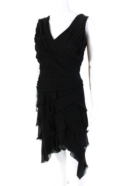 Tadashi Womens Chiffon Ruched Tiered V-Neck A-Line Cocktail Dress Black Size L