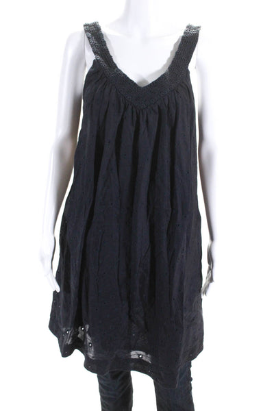 Marc Jacobs Womens Cotton Eyelet Scoop Neck Tunic Blouse Navy Blue Size S
