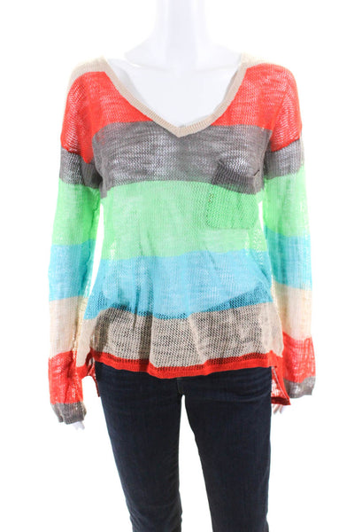 C&C California Womens Linen Striped V Neck Sweater Multicolor Size Small