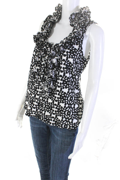 Anne Fontaine Womens Cotton Geometric Ruffle Sleeveless Zip Blouse White Size 40