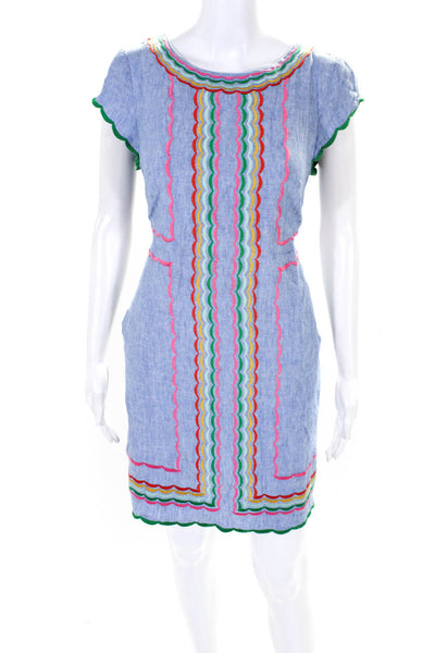 Boden Womens Linen Striped Textured Short Sleeve Zipped Midi Dress Blue Size 6R