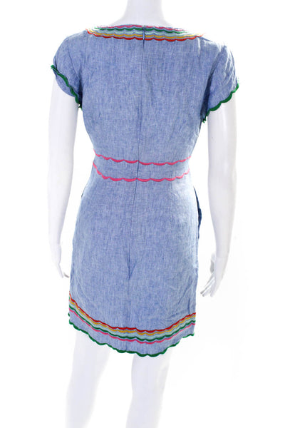 Boden Womens Linen Striped Textured Short Sleeve Zipped Midi Dress Blue Size 6R