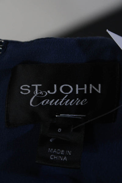St John Collection Womens Ruffled Round Neck Sleeveless Sheath Dress Blue Size 8