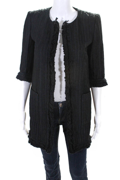 Jay Ahr Womens Silk Striped Textured Open Front 3/4 Sleeve Blazer Black Size S
