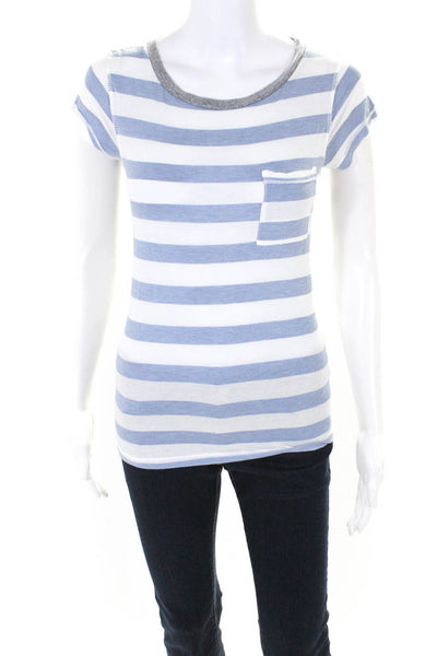 NSF Womens Striped Print Round Neck Short Sleeve Pullover Top Blue Size P