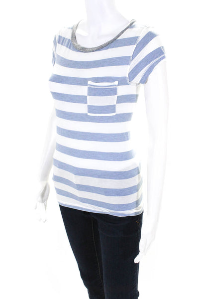 NSF Womens Striped Print Round Neck Short Sleeve Pullover Top Blue Size P