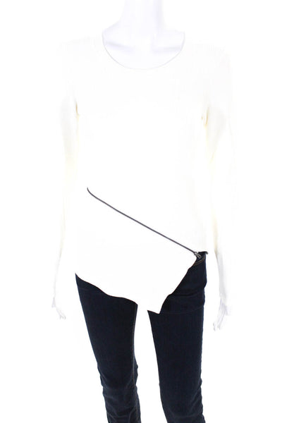 Red Haute Womens Ribbed Asymmetrical Zipped Long Sleeve Top White Size XS