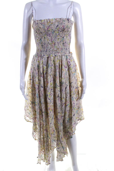 Mariacher Womens Smocked Metallic Floral Midi A Line Dress Ivory Multi Large