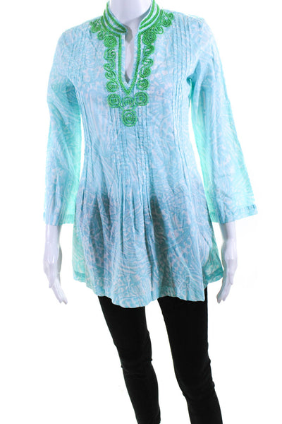 Lilly Pulitzer Womens Beaded Pleated V Neck Tunic Blouse Blue Green Size XS