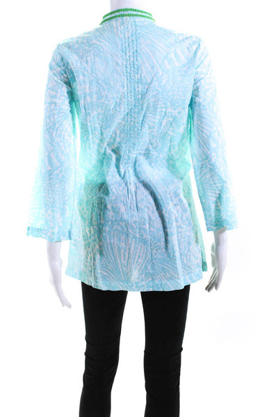 Lilly Pulitzer Womens Beaded Pleated V Neck Tunic Blouse Blue Green Size XS
