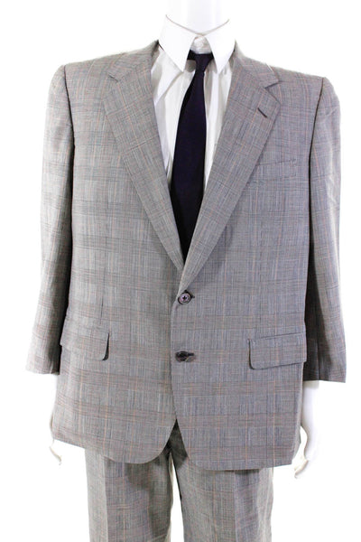 Mansouri Mens Wool Grid Print V-Neck Long Sleeve Two Button Suit Gray Size 54
