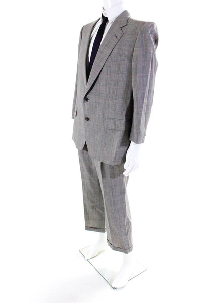 Mansouri Mens Wool Grid Print V-Neck Long Sleeve Two Button Suit Gray Size 54