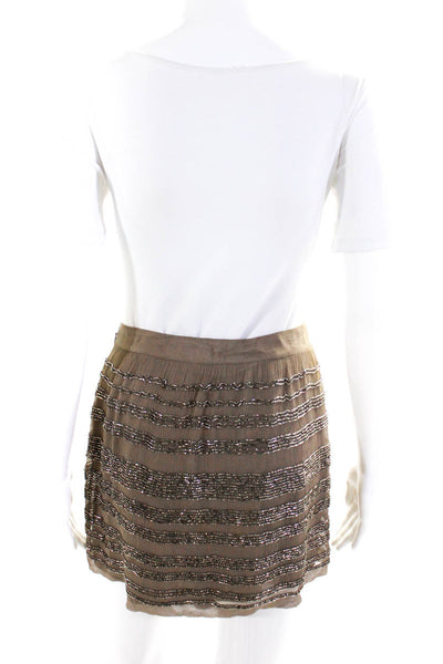 Club Monaco Womens Silk Embroidered Beaded Striped Mini Skirt Brown Size 2