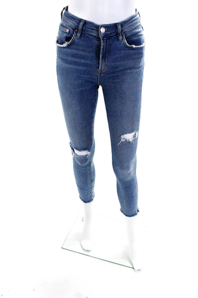 Agolde Womens Cotton Buttoned Distress Light Wash Skinny Jeans Blue Size EUR26