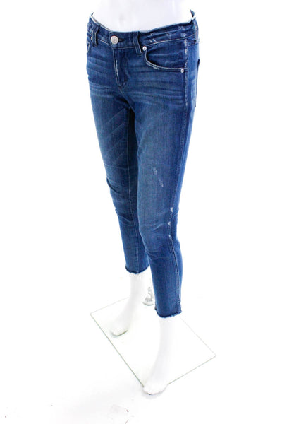 Amo Womens Cotton Medium Wash Button Fringe Hem Skinny Leg Jeans Blue Size EUR25