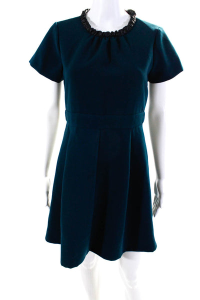 Maje Womens Ruched Faux Leather Trim Short Sleeve A Line Dress Blue Size 2