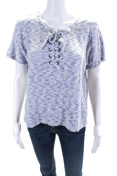 Kain Label Womens Lace Up Short Sleeve Crew Neck Sweater Blue White Size Small