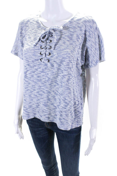 Kain Label Womens Lace Up Short Sleeve Crew Neck Sweater Blue White Size Small