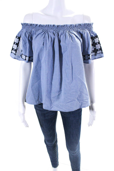 Ulla Johnson Women Cross Stitch Short Sleeve Off Shoulder Top Blouse Blue Size 4