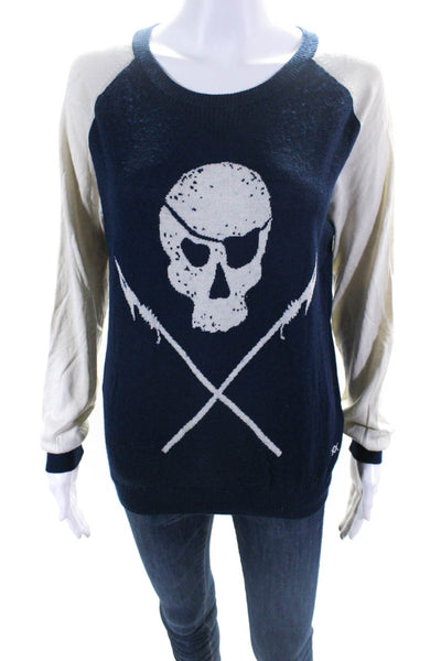 Banjo & Matilda Womens Skull & Crossbones Raglan Sweater Blue Ivory Silk Medium