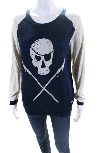 Banjo & Matilda Womens Skull & Crossbones Raglan Sweater Blue Ivory Silk Medium