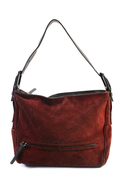 Hogan Womens Zip Top Leather Trim Suede Shoulder Bag Handbag Red Brown