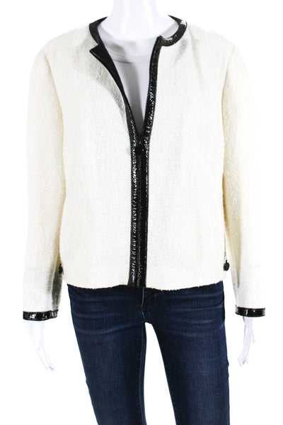 Akris Punto Womens Front Zip Contrast Tweed Knit Jacket White Black Wool Size 14
