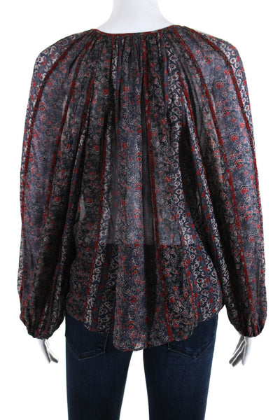 Ulla Johnson Womens Long Sleeve Tie Neck Floral Top Blouse Red Blue Silk Size 2