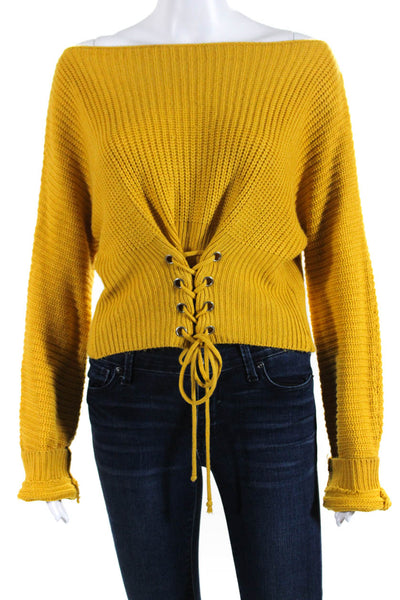 Seek The Label Womens Long Sleeve Lace Up Front Cropped Sweater Yellow Small