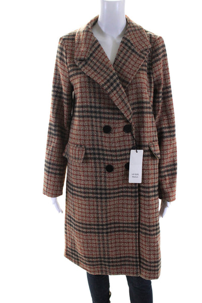 Chartou Womens Brown Plaid Wool Double Breasted Long Sleeve Coat Size M