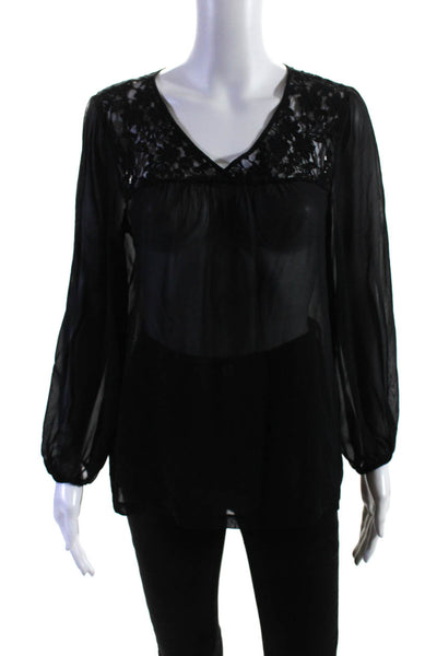 DKNY Womens 3/4 Sleeve V Neck Lace Trim Silk Top Blouse Black Size Small