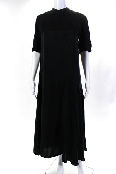 Raey Womens Satin Short Sleeve Mock Neck Zip Up A-Line Maxi Dress Black Size S