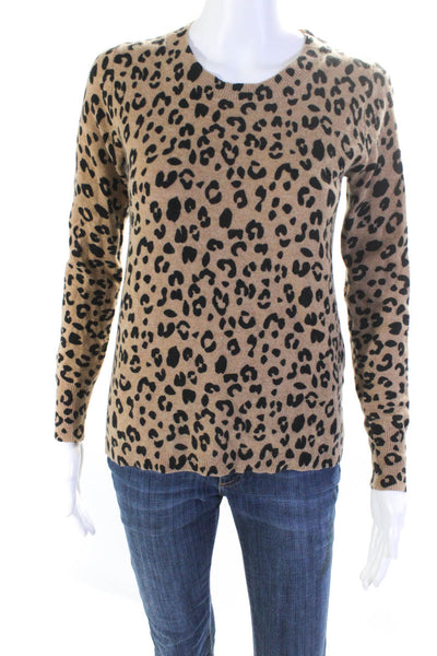 J Crew Womens Crew Neck Leopard Printed Cashmere Sweater Brown Black Size XS