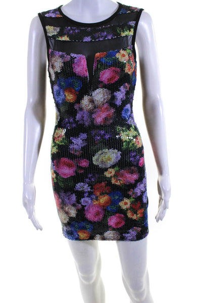 Mustard Seed Womens Floral Sequined Mesh Sleeveless Pencil Dress Black Size S