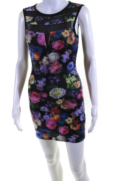 Mustard Seed Womens Floral Sequined Mesh Sleeveless Pencil Dress Black Size S