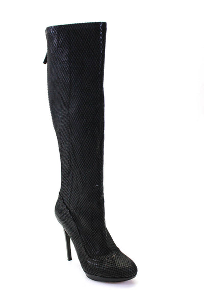 Brian Atwood Womens Leather Snakeskin Print Platform Knee High Bots Black Size 8