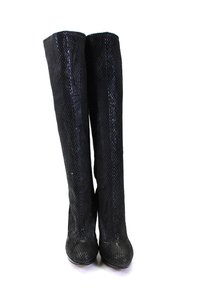 Brian Atwood Womens Leather Snakeskin Print Platform Knee High Bots Black Size 8