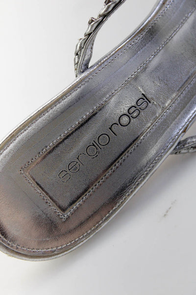Sergio Rossi Womens Metallic Leather Rhinestone Mule Sandals Silver Size 39 9