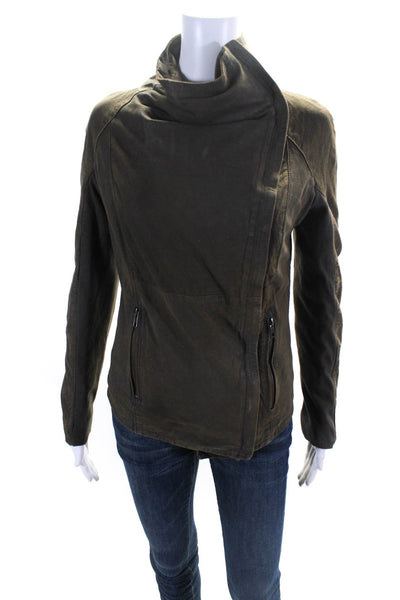 Muubaa Womens Brown Leather Cowl Neck Full Zip Long Sleeve Jacket Size 6
