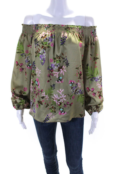 Nicole Miller Collection Womens Floral Print Smocked Blouse Green Size Medium
