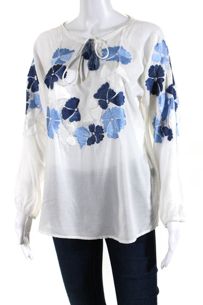 Letarte Handmade Womens White Floral Embroidered V-Neck Blouse Top Size M